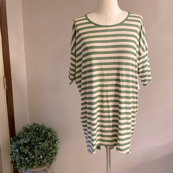 🌹LulaRoe women’s sage green and white striped high-low top short sleeve size M - Picture 1 of 11